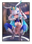  1girl animal animal_ears animal_on_head armband ass ass_visible_through_thighs bangs bar_censor bird bird_on_head blue_bow blue_bowtie blue_hair blunt_bangs blurry blurry_background blush boots bow bowtie breasts bunny_pose censored colored_inner_hair cross-laced_footwear daishippai depth_of_field duck embarrassed fake_animal_ears full_body hair_ornament highres humiliation knee_boots lize_helesta long_hair long_sleeves looking_at_viewer medium_breasts meme_attire multicolored_hair navel nijisanji nipples on_head paid_reward_available parted_lips pasties purple_eyes pussy rabbit_ears reverse_bunnysuit reverse_outfit safety_pin sagging_breasts sidelocks solo spread_legs squatting stomach sweat thighhighs two-tone_hair very_long_hair virtual_youtuber white_footwear white_hair 