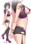  1girl :q antenna_hair arm_tattoo ass black_hair bra breasts brown_eyes commentary_request corruption fingernails high_heels highres idolmaster idolmaster_(classic) kikuchi_makoto open_clothes panties panty_peek shorts sideboob tattoo thighhighs tongue tongue_out twogie underboob underbutt underwear 