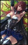  1girl armor armored_boots armpits arms_up black_thighhighs boobplate boots breasts chainmail cleavage erza_scarlet fairy_tail large_breasts lexaiduer long_hair looking_at_viewer parted_lips red_hair shiny shiny_hair straight_hair thighhighs very_long_hair watermark web_address 
