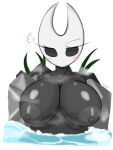  anthro areola big_breasts black_areola black_body black_eyes black_nipples blush breasts eyelashes female glistening glistening_body half-length_portrait hi_res hollow_knight hornet_(hollow_knight) looking_at_viewer navel nipples portrait rock simple_background solo steam team_cherry text video_games water watermark white_background woebeeme 