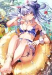  1girl absurdres animal_ear_fluff animal_ears anklet bangs bar barefoot bikini blue_bikini blue_hair breasts choker cleavage crossed_ankles double_bun full_body grin hair_bun hair_ribbon haruhina_purple highres hololive innertube jewelry long_hair looking_at_viewer medium_breasts rabbit_ears red_eyes ribbon short_eyebrows smile solo swimsuit thick_eyebrows usada_pekora virtual_youtuber water wet white_choker wrist_cuffs 