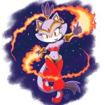  2021 5_fingers anthro blaze_the_cat breasts cleavage clothed clothing cosplay crossover crossover_cosplay ear_piercing ear_ring felid feline female fingers fire footwear fur hi_res mammal open_mouth piercing ring_piercing sega shantae shantae_(series) shoes signature solo sonic_the_hedgehog_(series) video_games wayforward yellow_eyes yiggerthewolf 