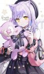  1girl absurdres animal_ears artist_name bangs bizet closed_mouth commission copyright_request hat highres holding holding_stuffed_toy long_hair looking_at_viewer purple_hair shinomiya_runa smile solo stuffed_toy tail upper_body vspo! yellow_eyes 