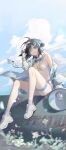  1girl absurdres arknights bangs bare_legs bare_shoulders bikini black_hair blue_sky cloud crow_yayu day goggles goggles_around_neck grey_eyes hand_up highres jacket knees_up la_pluma_(arknights) la_pluma_(summer_flowers)_(arknights) looking_at_viewer off_shoulder official_alternate_costume open_clothes open_jacket shoes short_hair sitting sky sneakers solo stomach swimsuit thigh_strap thighs white_bikini white_footwear 