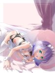  1girl :d absurdres apron ass bed_sheet black_hairband black_panties black_ribbon blush breasts cleavage framed fune_(fune93ojj) garter_belt green_eyes grey_hair hairband highres looking_at_viewer maid_headdress medium_hair neck_ribbon open_mouth original panties pillow ribbon shiny shiny_skin side-tie_panties small_breasts smile solo thighhighs underwear waist_apron white_apron white_thighhighs wrist_cuffs 