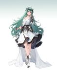  1girl absurdres ankle_boots bangs boots dress fold-over_boots full_body green_hair hand_up highres holding holding_sword holding_weapon long_hair mole mole_under_eye original parted_lips red_eyes solo standing sword weapon white_footwear youx 