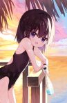  1girl :d bangs bare_arms bare_shoulders black_hair black_one-piece_swimsuit bottle casual_one-piece_swimsuit cloud cloudy_sky commentary_request from_side hair_between_eyes hair_ornament hairclip holding holding_bottle horizon leaning_forward looking_at_viewer looking_to_the_side ocean one-piece_swimsuit original outdoors palm_tree purple_eyes shiho_(yuuhagi_(amaretto-no-natsu)) sky smile solo sunset swimsuit tree water wet wet_clothes wet_swimsuit yuuhagi_(amaretto-no-natsu) 