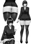  1girl bob_cut breasts business_suit dress formal greyscale highres ishimiso_(ishimura) large_breasts looking_at_viewer microdress microskirt monochrome multiple_views office_lady original panties pantyshot pencil_skirt reference_sheet short_hair skindentation skirt skirt_suit smile solo suit thick_thighs thighhighs thighs underwear 