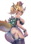  1girl ass bare_shoulders blonde_hair blue_eyes bow_(bhp) bowsette bracelet breasts collar commentary_request crown dragon_tail garter_belt horns jewelry large_breasts mario_(series) new_super_mario_bros._u_deluxe ponytail solo spiked_bracelet spiked_collar spikes super_crown tail thighhighs turtle_shell 