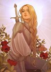  1girl artist_name bangs blonde_hair braid closed_mouth flower galadriel grey_background hannahartwork highres long_hair long_sleeves looking_to_the_side pants parted_bangs red_flower shiny shiny_hair shoulder_plates solo sword sword_on_back the_lord_of_the_rings tolkien&#039;s_legendarium weapon weapon_on_back 