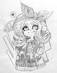  1girl bandana closed_mouth collarbone hands_up heart isamu-ki_(yuuki) long_hair long_sleeves looking_up monochrome octarian octoling octoling_girl simple_background smile solo speech_bubble splatoon_(series) spoken_heart suction_cups tentacle_hair traditional_media white_background zipper zipper_pull_tab 