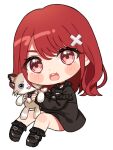  1girl :3 :d bangs black_choker black_dress black_footwear black_socks blush_stickers chibi choker commentary_request copyright_request dress frilled_socks frills full_body hair_between_eyes hair_ornament highres holding holding_stuffed_toy kurono_kito long_hair long_sleeves looking_at_viewer red_eyes red_hair shoes simple_background sleeves_past_wrists smile socks solo stuffed_animal stuffed_cat stuffed_toy teeth upper_teeth virtual_youtuber white_background x_hair_ornament 