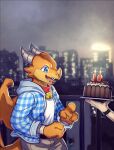  anthro asnnonaka bell bell_collar blue_clothing blue_eyes blue_topwear bottomwear cake candle clothed clothing collar dessert dragon duo facial_horn food glistening glistening_eyes grey_bottomwear grey_clothing grey_horn grey_pants happy horn male membrane_(anatomy) membranous_wings nose_horn open_mouth open_smile orange_body orange_wings outside pants pink_tongue red_collar smile solo_focus standing three-quarter_view tongue topwear unsigned white_clothing white_topwear wings yellow_body yellow_horn 