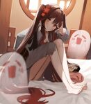  1girl absurdres bare_legs bed bed_sheet boo_tao_(genshin_impact) borrowed_garments brown_hair closed_mouth flower genshin_impact ghost grey_shirt hair_flower hair_ornament highres hu_tao_(genshin_impact) lattice long_hair long_sleeves looking_at_viewer on_bed red_flower seorang shirt sitting smile solo twintails v very_long_hair zhongli_(genshin_impact) 