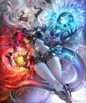  1girl armor blue_eyes boots colored_skin demon_girl demon_horns flame_=_glass gloves grey_skin heterochromia horns ice kouyafu magic official_art red_eyes shadowverse short_shorts shorts solo stomach tail thighs white_hair 