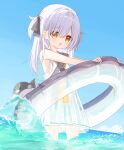  &gt;_&lt; 1girl :o animal bangs bare_arms bare_shoulders bikini bikini_under_clothes blue_bikini blue_sky brown_eyes ciela_(yuuhagi_(amaretto-no-natsu)) closed_eyes cloud day dress fish grey_hair grey_ribbon grey_sailor_collar hair_between_eyes hair_ribbon horizon innertube long_hair looking_at_viewer ocean open_mouth original outdoors ribbon sailor_collar sailor_dress see-through sky sleeveless sleeveless_dress solo standing swimsuit two_side_up water wet wet_clothes wet_dress yuuhagi_(amaretto-no-natsu) 