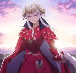  2girls balcony breasts byleth_(fire_emblem) byleth_(fire_emblem)_(female) dress edelgard_von_hresvelg fire_emblem fire_emblem:_three_houses gloves highres holding_hands horns large_breasts looking_at_viewer multiple_girls pomelomelon pov purple_eyes short_hair sky smile solo_focus white_hair yuri 