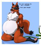  2022 5_toes anthro belly belly_expansion belly_inflation black_clothing black_ears black_feet black_hands black_jockstrap black_mustache black_nose black_tail_tip black_underwear blue_background blush bulge chest_tuft clothing dialogue english_text expansion fangs faucet feet fur generation_8_pokemon gt_grackle half-closed_eyes hi_res hose_in_butt imminent_inflation inflation jockstrap jockstrap_only lidded_eyes liquid_inflation male narrowed_eyes navel nintendo open_mouth pawpads pink_pawpads pink_tongue pokemon pokemon_(species) red_body red_fur signature simple_background sitting solo teeth text thievul toes tongue tongue_out tuft underwear video_games water_inflation white_belly white_body white_fur yellow_eyes 