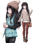  1girl bag bangs beanie black_hair black_pants blue_jacket boots brown_footwear brown_headwear brown_pants brown_sweater closed_mouth coffee_cup commentary cup disposable_cup english_commentary ginkgo_leaf hat high_heel_boots high_heels highres holding holding_cup inoue_takina jacket leaf long_hair long_sleeves looking_away lycoris_recoil multiple_views nami_(nyaa) open_clothes open_jacket pants pinching_sleeves profile purple_eyes shirt shoulder_bag signature simple_background sleeves_past_wrists standing sweater turtleneck turtleneck_sweater very_long_hair white_background white_shirt 