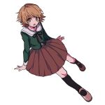  1boy :o bangs black_ribbon black_socks blonde_hair blush brown_eyes brown_footwear brown_skirt danganronpa:_trigger_happy_havoc danganronpa_(series) fujisaki_chihiro green_jacket highres invisible_chair jacket kneehighs long_sleeves male_focus neck_ribbon otoko_no_ko pleated_skirt ribbon sailor_collar shiny shiny_hair shoes simple_background sitting skirt socks solo teeth upper_teeth white_background yuno_(ou35i) 