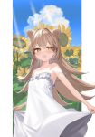  1girl :d ahoge animal_ears bangs blue_sky blush brown_hair cloud commentary_request dress field flower flower_field highres indie_virtual_youtuber kanzarin lion_ears long_hair looking_at_viewer rurudo_lion sky smile solo strap_slip sundress sunflower virtual_youtuber white_dress yellow_eyes yellow_flower 