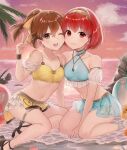  2girls bare_shoulders beach bikini blue_bikini breasts brown_eyes brown_hair collarbone delthea_(fire_emblem) fire_emblem fire_emblem:_mystery_of_the_emblem fire_emblem_echoes:_shadows_of_valentia hairband haru_(nakajou-28) jewelry light_smile looking_at_viewer maria_(fire_emblem) multiple_girls ocean one_eye_closed palm_tree pendant ponytail red_eyes red_hair sandals see-through short_hair sitting small_breasts smile sunset swimsuit tree water yellow_bikini 