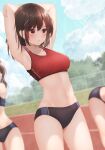  3girls armpits arms_up bare_arms bent_over black_buruma blue_sky blurry blurry_background blush breasts brown_eyes brown_hair buruma cloud cowboy_shot day groin hair_ornament highres long_hair looking_afar medium_breasts minato_ojitan mole mole_under_eye multiple_girls navel original outdoors parted_lips red_sports_bra sidelocks sky solo_focus sports_bra standing stomach stretching sweat thighs track_and_field underwear wet x_hair_ornament 