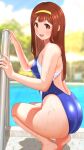  1girl ass blue_one-piece_swimsuit blurry blurry_background brown_eyes brown_hair competition_swimsuit covered_nipples hairband highres idolmaster idolmaster_million_live! long_hair looking_back one-piece_swimsuit pool pool_ladder poolside solo squatting swimsuit tanaka_kotoha toritori_miri 
