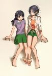  2girls ahoge asakura_toru bare_legs barefoot black_hair blue_hair commentary_request earrings fukumaru_koito gradient_hair green_nails green_shorts green_skirt hair_down highres idolmaster idolmaster_shiny_colors jewelry kani_(kaniya) long_hair miniskirt multicolored_hair multiple_girls nail_polish open_clothes open_shirt orange_shirt polo_shirt purple_eyes shirt short_hair short_shorts short_sleeves shorts skirt toenail_polish toenails white_shirt 