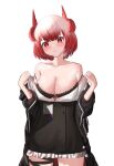  1girl absurdres animal_ears arknights bird_ears black_bra black_skirt blush bra breasts chewycandy cleavage clothes_pull cowboy_shot fiammetta_(arknights) frilled_skirt frills frown high-waist_skirt highres id_card large_breasts looking_at_viewer red_eyes red_hair shirt shirt_pull short_hair simple_background skirt solo strap_slip sweat underwear white_background white_shirt 