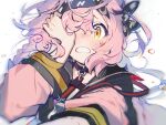  1girl absurdres arknights black_choker black_hairband black_sailor_collar blush braid choker coat covering_one_eye goldenglow_(arknights) hairband highres lightning_bolt_print long_hair looking_at_viewer motamo_(motamotri) open_clothes open_coat parted_lips pink_coat pink_hair sailor_collar simple_background single_braid solo upper_body white_background yellow_eyes 