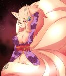  anthro bedroom_eyes blush bottomless breasts clothed clothing female fur generation_1_pokemon genitals hi_res looking_at_viewer narrowed_eyes nennachan ninetales nintendo one_eye_closed open_mouth pokemon pokemon_(species) pokemorph pussy red_eyes seductive solo video_games yellow_body yellow_fur 
