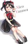  1girl :d \m/ bare_arms bead_bracelet beads belt black_dress black_footwear black_hair bow bowtie bracelet character_name collared_dress dress full_body hair_bow hand_up highres jewelry knees_together_feet_apart love_live! love_live!_school_idol_project nico_nico_nii open_mouth red_bow red_bowtie red_eyes shoes short_hair short_twintails sidelocks sitting smile solo teeth thighs twintails upper_teeth white_background white_belt yazawa_nico yoshinon_(yoshinon_kotori) 