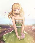  1girl :d bangs bare_arms blonde_hair blurry blurry_background breasts choker cleavage crying crying_with_eyes_open dated dress floating_hair flower fumetsu_no_anata_e green_dress highres holding holding_flower kyuri_(suika) long_hair looking_at_viewer open_mouth pink_flower purple_eyes rean_cropp shiny shiny_hair small_breasts smile solo standing straight_hair strapless strapless_dress tears twitter_username 