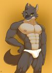  2022 abs absurd_res anthro black_eyebrows black_eyes black_nose canid canine canis clothed clothing dreamworks eyebrows fur fur_tuft hi_res male mammal mr._wolf_(the_bad_guys) muscular muscular_anthro muscular_male muscular_thighs navel nipples orange_background pecs pose shinobiya simple_background solo teeth the_bad_guys tuft underwear underwear_only white_clothing white_underwear wolf yellow_sclera 