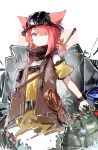  1girl :o absurdres animal_ears arknights black_headwear black_scarf brown_vest ears_through_headwear fox_ears green_eyes hair_over_one_eye highres luan_teng mining_helmet myrrh_(arknights) myrrh_(bitter_herbs)_(arknights) official_alternate_costume open_clothes open_mouth open_vest red_hair scarf shirt short_hair short_ponytail simple_background sketch solo upper_body vest white_background yellow_shirt 