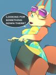  5_fingers absurd_res animal_crossing anthro audie_(animal_crossing) blonde_hair blue_eyes breasts canid canine canis clothed clothing clothing_lift dialogue dredjir eyewear female fingers fur genitals hair hi_res mammal nintendo nipple_outline orange_body orange_fur pussy solo sunglasses tongue tongue_out video_games 