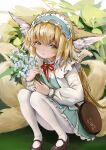  1girl absurdres animal_ear_fluff animal_ears arknights bag blonde_hair blue_dress brown_bag brown_footwear dress flower fox_ears fox_girl green_eyes hair_down highres holding holding_flower lily_of_the_valley long_hair long_sleeves looking_at_viewer multiple_tails official_alternate_costume pantyhose satchel shoes sishima solo squatting suzuran_(arknights) suzuran_(spring_praise)_(arknights) tail white_pantyhose 