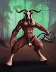  2018 abs angry anthro ball_tuft balls beard bovid caprine caprine_demon clothing demon erection facial_hair forest genitals glans goat goat_demon hi_res hooves humanoid_genitalia looking_at_viewer male mammal muscular navel nipples nude outside pecs penis plant satanic_monkey solo standing torn_clothing tree tuft underwear undressing 