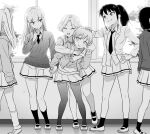  6+girls bangs black_hair blazer blonde_hair blunt_bangs blush cardigan commentary_request grabbing grabbing_from_behind greyscale headpat highres hug hug_from_behind ichikawa_masahiro jacket katou_asuka kneehighs kuroki_tomoko long_hair long_sleeves looking_at_another low_twintails monochrome multiple_girls narita_miho nemoto_hina official_alternate_hairstyle open_mouth pleated_skirt sailor_collar sasaki_fuuka school_uniform shirt short_hair skirt smile socks sweater tamura_yuri thighhighs twintails uniform watashi_ga_motenai_no_wa_dou_kangaetemo_omaera_ga_warui! white_shirt yuri 