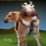  3d_(artwork) abstract_background beastmilk bovid bovine butt cattle digital_media_(artwork) docked_tail equid equine female genitals hooves horse licking licking_lips looking_at_viewer lying male mammal on_back pussy short_tail smile spread_butt spreading teats tongue tongue_out udders 