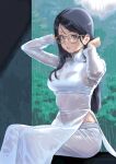  1girl black_hair bra bra_visible_through_clothes breasts brown_eyes dress glasses highres long_hair long_sleeves looking_at_viewer nanja original parted_lips rain see-through side_slit sitting solo underwear vietnamese_clothes vietnamese_dress wet wet_clothes wet_dress wet_hair white_bra white_dress 