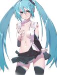  1girl bangs black_skirt black_sleeves black_thighhighs blue_eyes blue_hair blue_nails breasts cleavage closed_mouth clothes_lift collarbone collared_shirt covering covering_one_breast cowboy_shot detached_sleeves floating_hair hair_between_eyes hatsune_miku highres lifted_by_self long_hair long_sleeves looking_at_viewer medium_breasts midriff miniskirt nail_polish navel open_clothes open_shirt open_skirt panties pleated_skirt shirt skirt skirt_lift sleeveless sleeveless_shirt smile solo standing stomach striped striped_panties thighhighs twintails underwear very_long_hair vocaloid white_background white_shirt wing_collar yagisawa_teru 