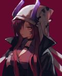  1girl anpoai arknights ascalon_(arknights) black_jacket breasts cleavage closed_mouth expressionless hair_over_one_eye highres hood hood_up horns_through_hood jacket large_breasts lips long_hair open_clothes open_jacket purple_eyes purple_shirt red_background red_hair shirt simple_background solo upper_body very_long_hair 
