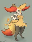  2022 4_fingers anthro areola big_ears biped braixen breasts cheek_tuft chest_tuft claws countershade_face countershading digital_media_(artwork) digitigrade dipstick_tail ear_tuft eyelashes facial_tuft female finger_claws fingers fire fluffy fluffy_tail generation_6_pokemon grey_background hand_on_hip hi_res looking_at_viewer markings navel nintendo nipples pink_nipples pokemon pokemon_(species) schmutzo shoulder_tuft signature simple_background solo tail_markings tuft twig video_games white_body white_countershading 