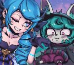  2girls black_bow black_hoodie blue_eyes blue_hair blush bow breasts cleavage collarbone dress drill_hair ears_through_headwear gloves green_hair grin gwen_(league_of_legends) hair_bow hood hood_up hoodie league_of_legends looking_at_another medium_hair monochrome multiple_girls one_eye_closed pants phantom_ix_row pink_pants poking_belly shiny shiny_hair small_breasts smile sweatdrop teeth twin_drills twintails vex_(league_of_legends) yordle 