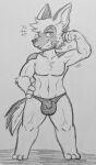  anthro balls_outline balmung_delray bulge canid canine canis domestic_dog fan_character fauxtellno1 flexing genital_outline german_shepherd grin hand_on_hip herding_dog hi_res housepets! looking_at_viewer male mammal monochrome muscular muscular_male pastoral_dog penis_outline smile solo webcomic 