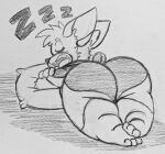  anthro big_butt butt canid canine canis domestic_dog eyes_closed fauxtellno1 herding_dog housepets! huge_butt king_(housepets!) lying male mammal monochrome nude on_front open_mouth pastoral_dog pillow short_stack sleeping solo sound_effects thick_thighs webcomic welsh_corgi wide_hips zzz 
