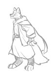  3:4 anthro asnnonaka belt canid clothed clothing digital_media_(artwork) full-length_portrait head_tuft male mammal monochrome mouth_closed narrowed_eyes portrait robe side_view simple_background sketch solo standing tuft unsigned 