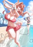  2girls animal_ears beach bikini_skirt breasts brown_hair chasing cleavage clothes_lift daiwa_scarlet_(umamusume) green_eyes hair_intakes hair_over_one_eye highres horse_ears horse_girl horse_tail kinoyama_(0202) large_breasts long_hair looking_at_another looking_back multicolored_hair multiple_girls navel ocean outdoors red_eyes running shirt_lift short_shorts shorts sky streaked_hair swimsuit tail umamusume undressing very_long_hair vodka_(umamusume) water water_gun 